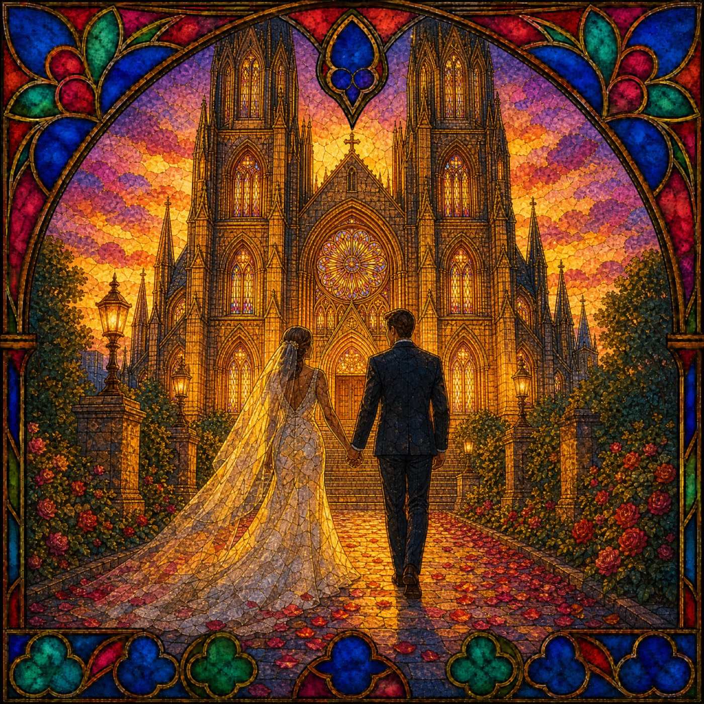 A bride and groom walk hand in hand toward a radiant cathedral at golden hour, rendered in stained glass