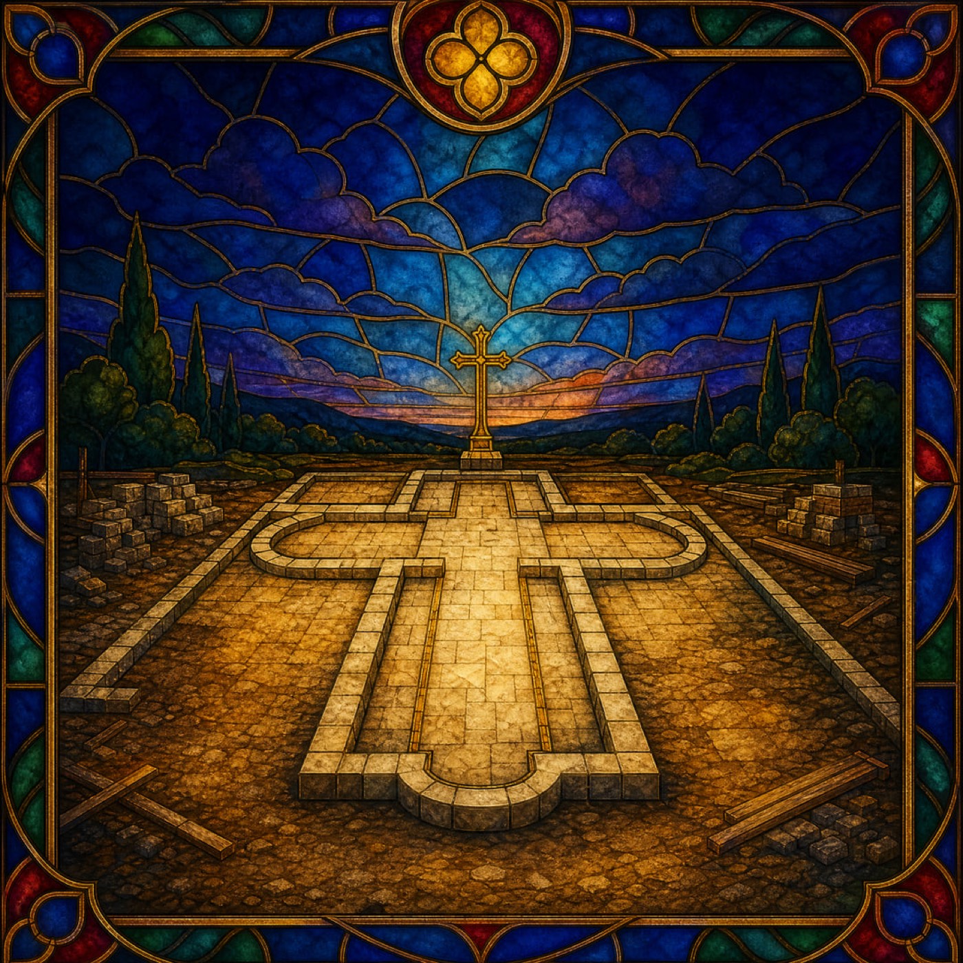 A cathedral foundation laid in the shape of a cross