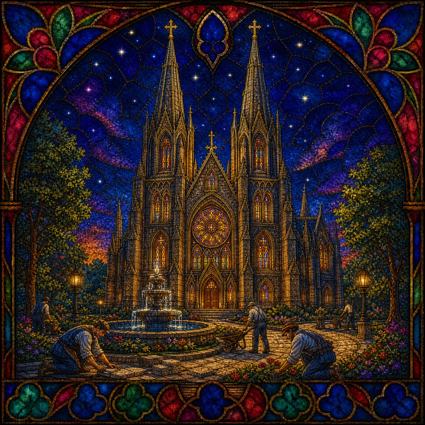 A cathedral glowing at night, its stained glass full of light