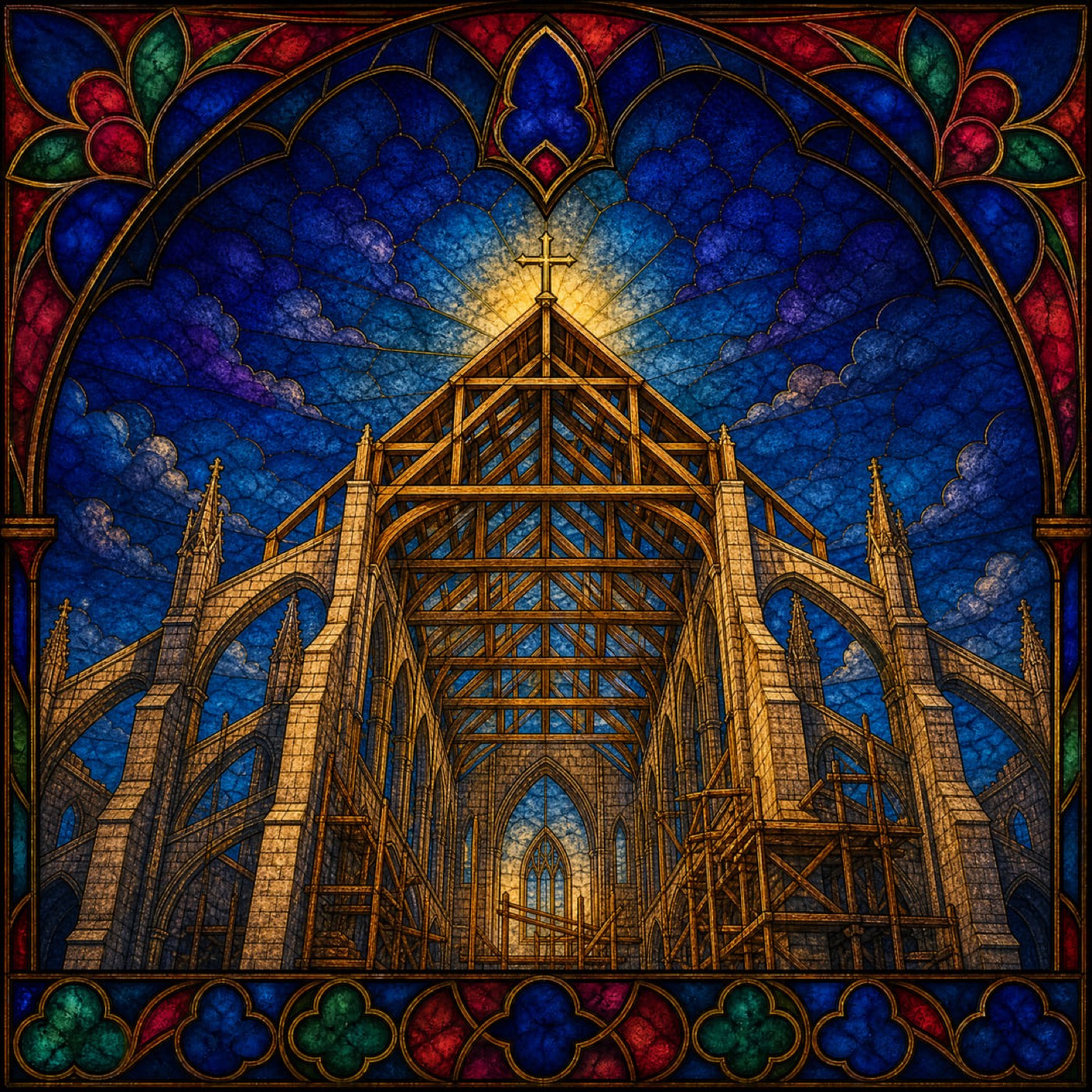 A cathedral with its walls and timber frame rising